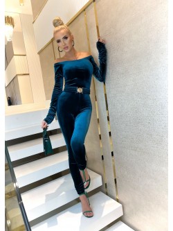 FALLON - szmaragdowy kombinezon z aksamitnego weluru